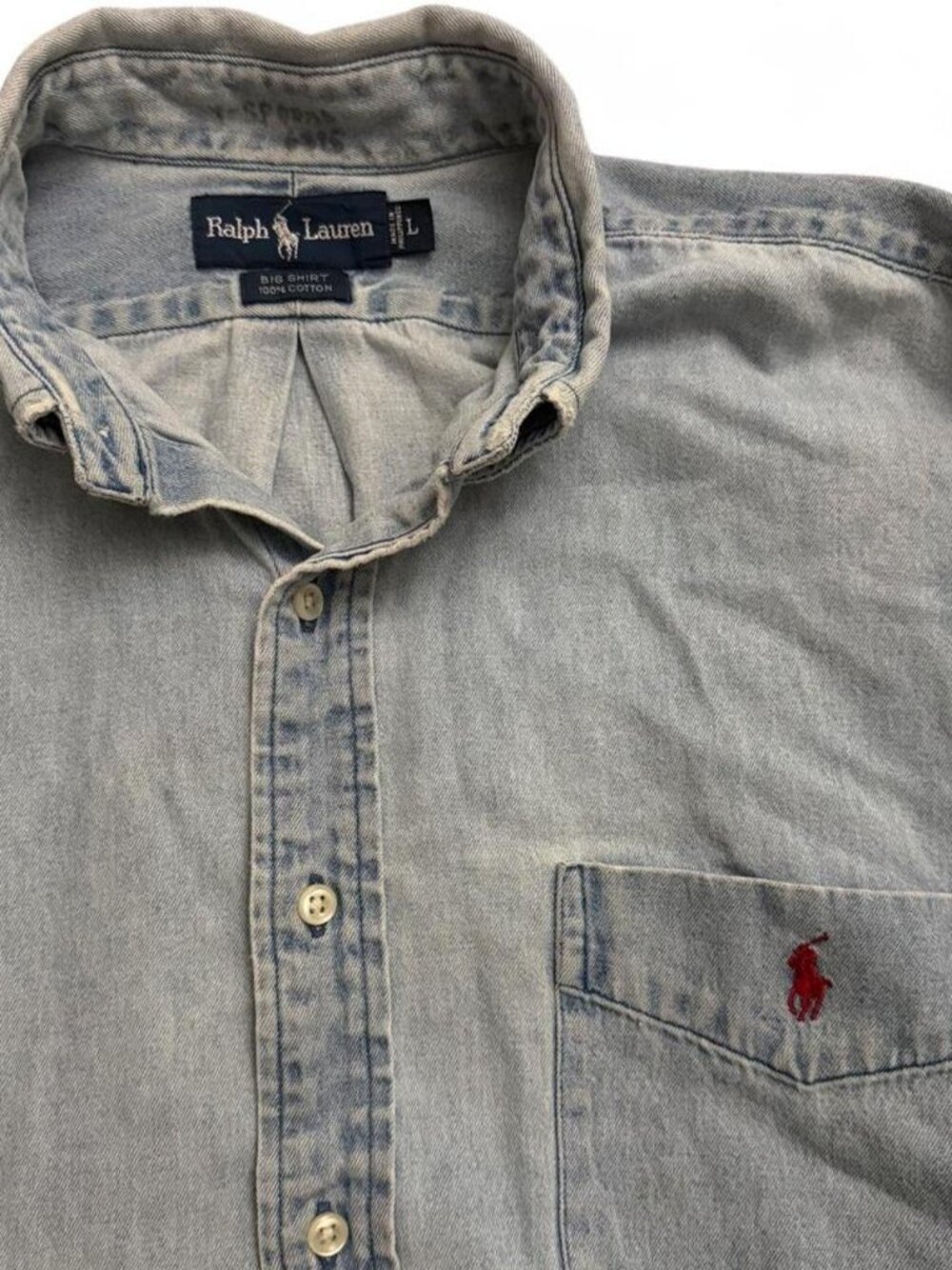 Vintage Ralph Lauren Big Shirt Light Wash Denim Long Sleeve Button Down Shirt L
